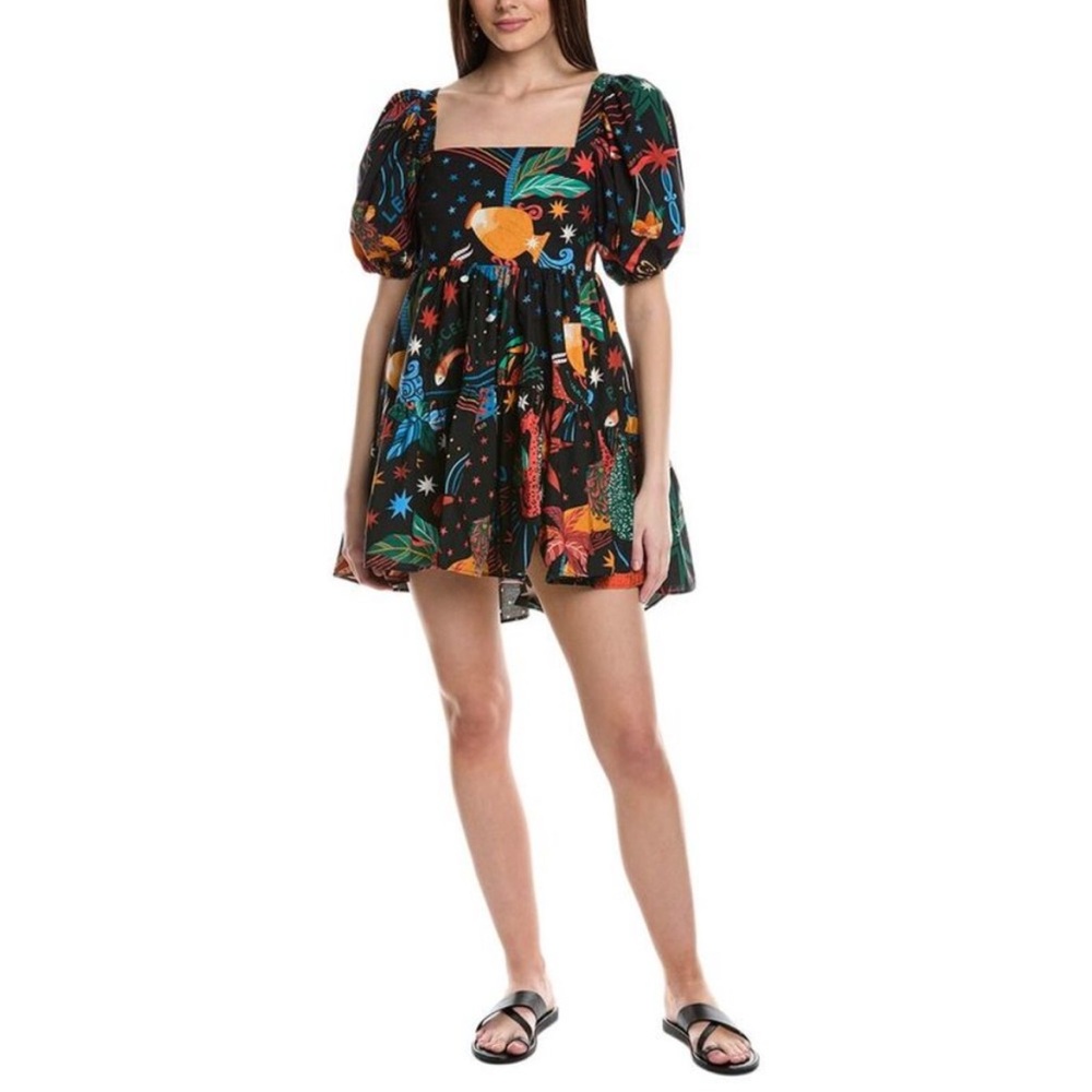 FARM RIO Zodiac Printed Mini Dress‎ size Small Puff Sleeves Celestial Witchy